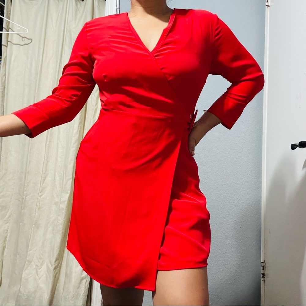 Topshop Women Vibrant Red Long Sleeve V-Neck Cocktail Wrap Dress Size 6